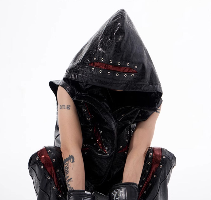 Dark Sleeveless Hooded Vest Coat