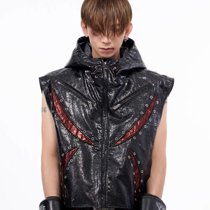 Dark Sleeveless Hooded Vest Coat