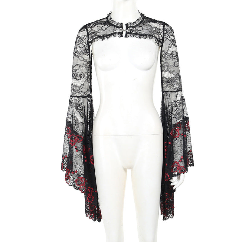 Dark Goth Style Embossed Slightly Transparent Slim Lace Smock Top